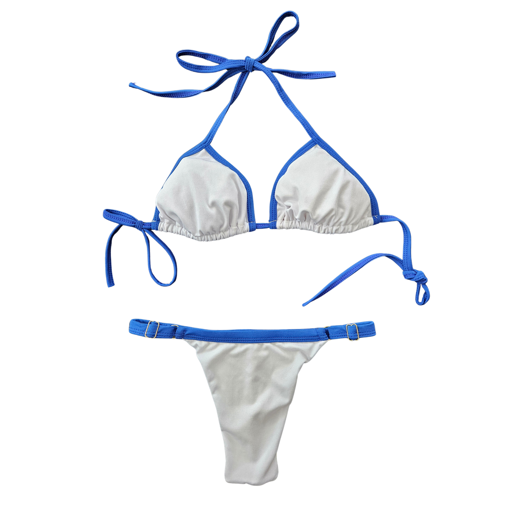 Rita Rosa white and royal blue Brazilian triangle bikini flat lay