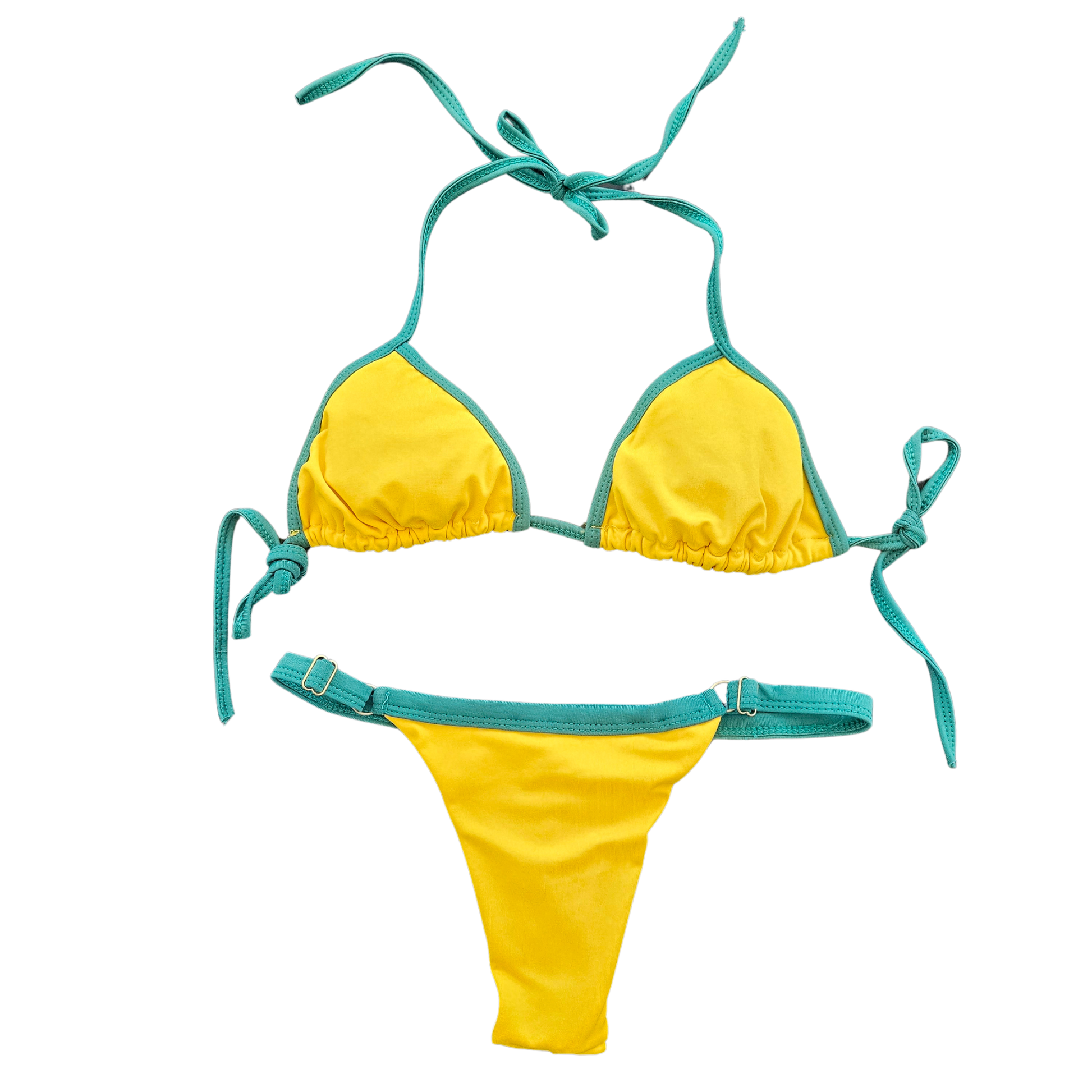 Rita Rosa yellow and green Brazilian triangle bikini flat lay