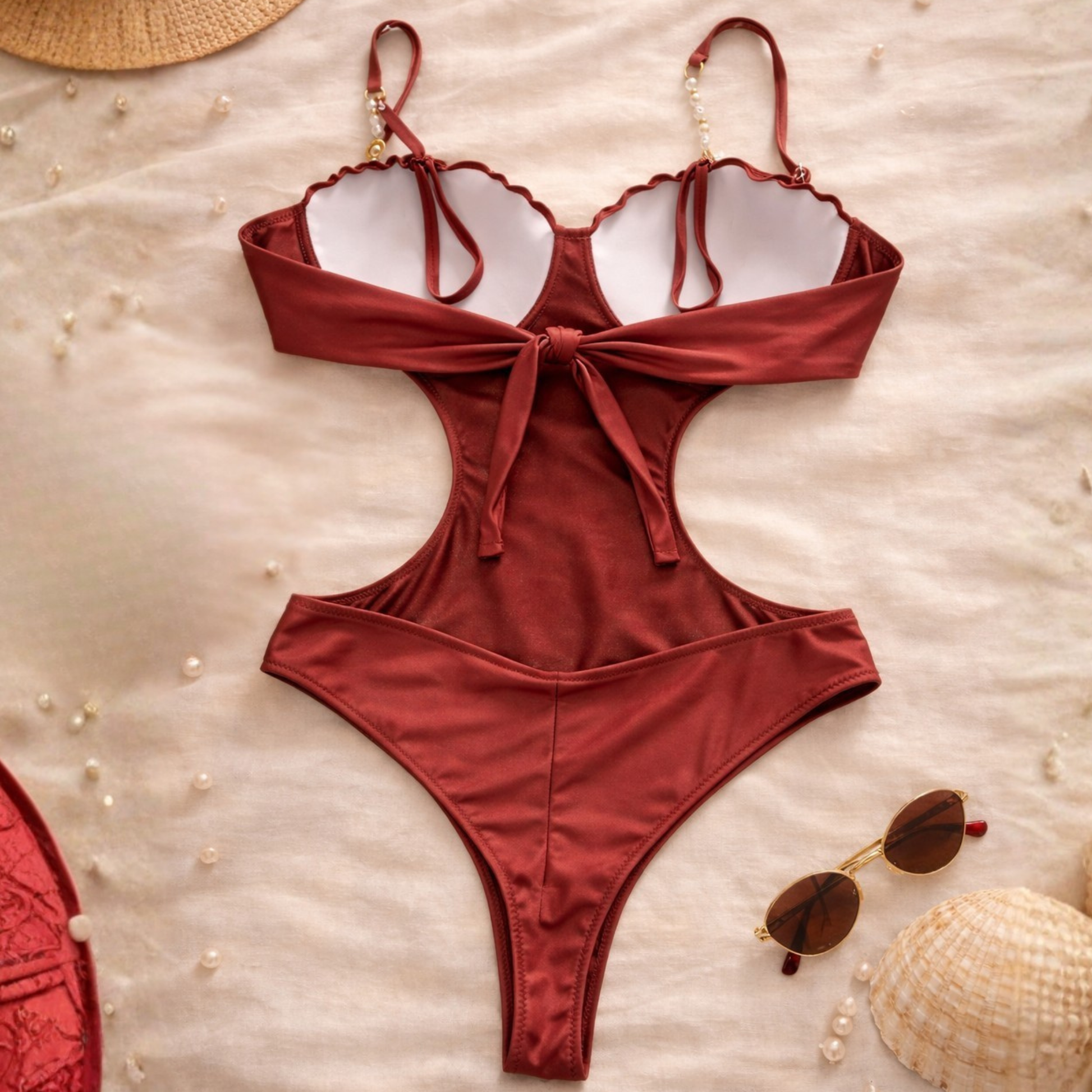 Brown Brazilian one-piece swimsuit back view with tie bow and pearl straps, cheeky cut