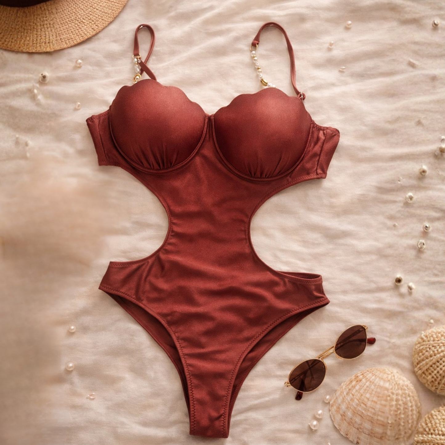 Brown satin-look Brazilian one-piece swimsuit with pearl straps, front view.
