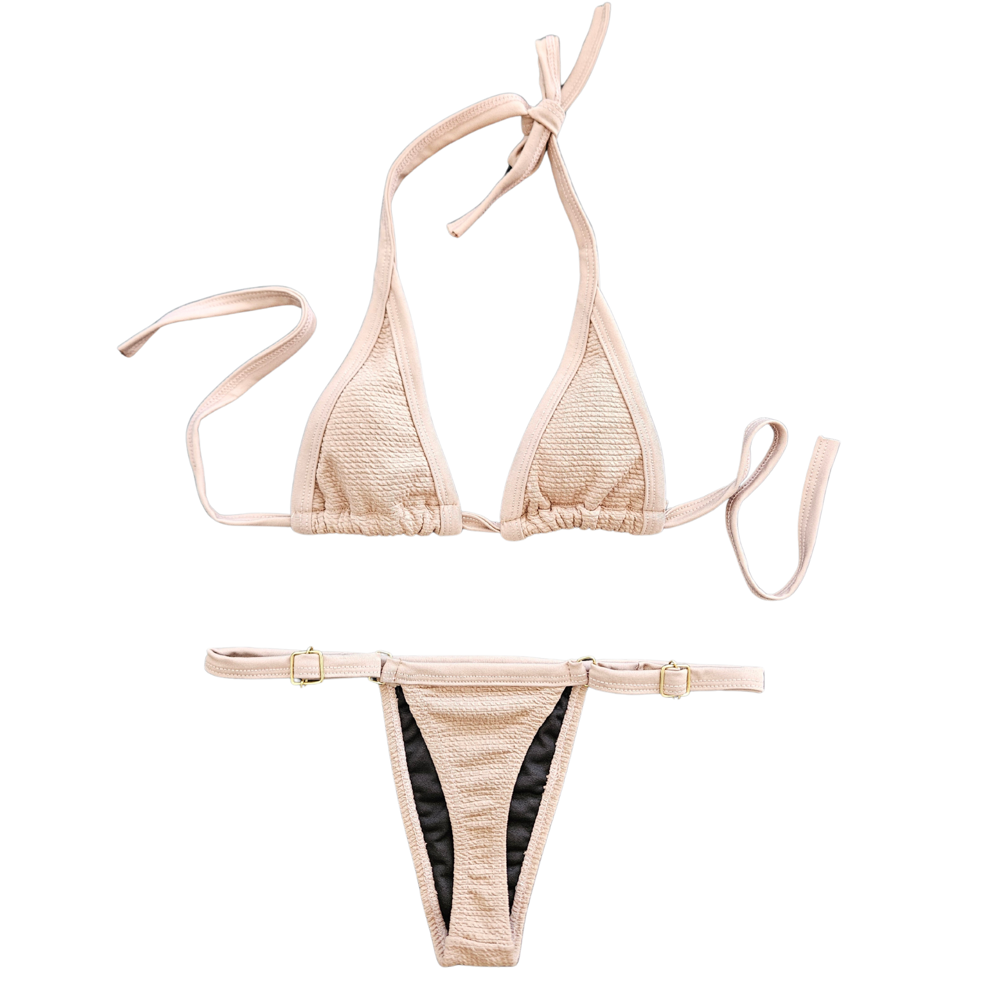 Rita Rosa beige textured Brazilian bikini back view with adjustable thong bottom