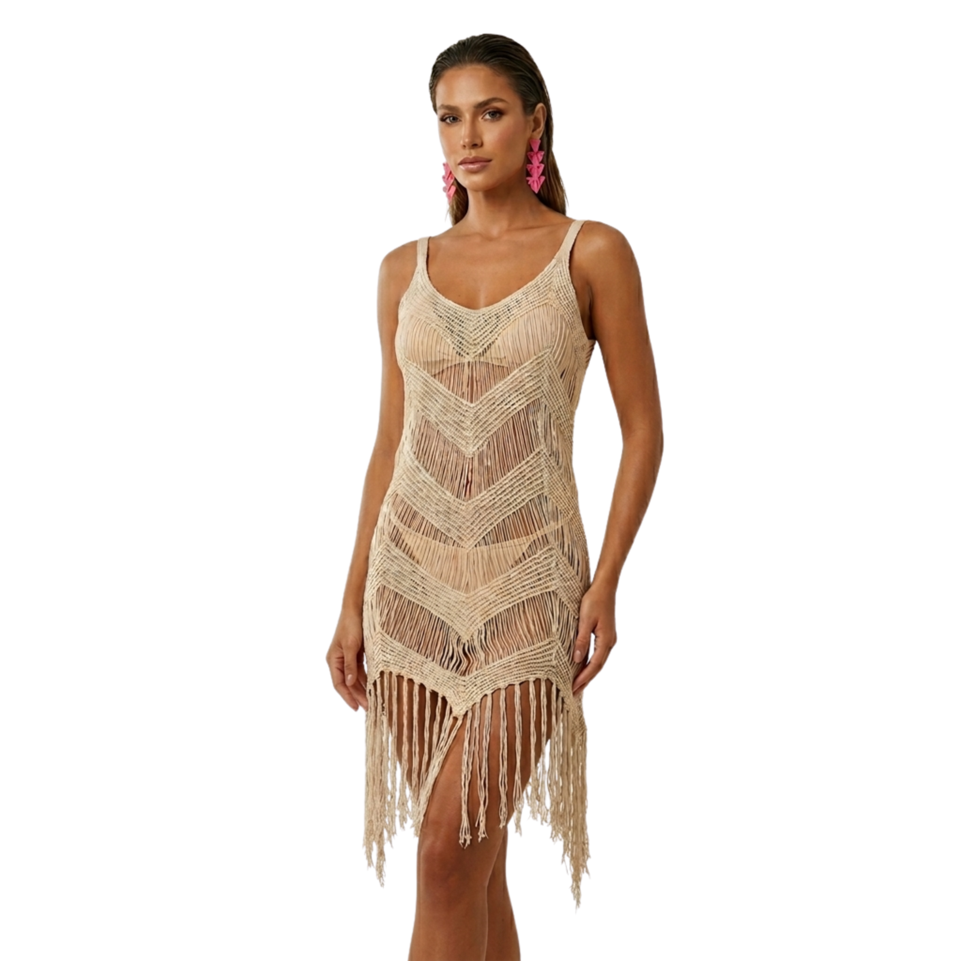 A model wearing the Rita Rosa beige chevron fringe cover-up dress with pink fan cascade earrings, highlighting the natural earth-tone knit with a white background.