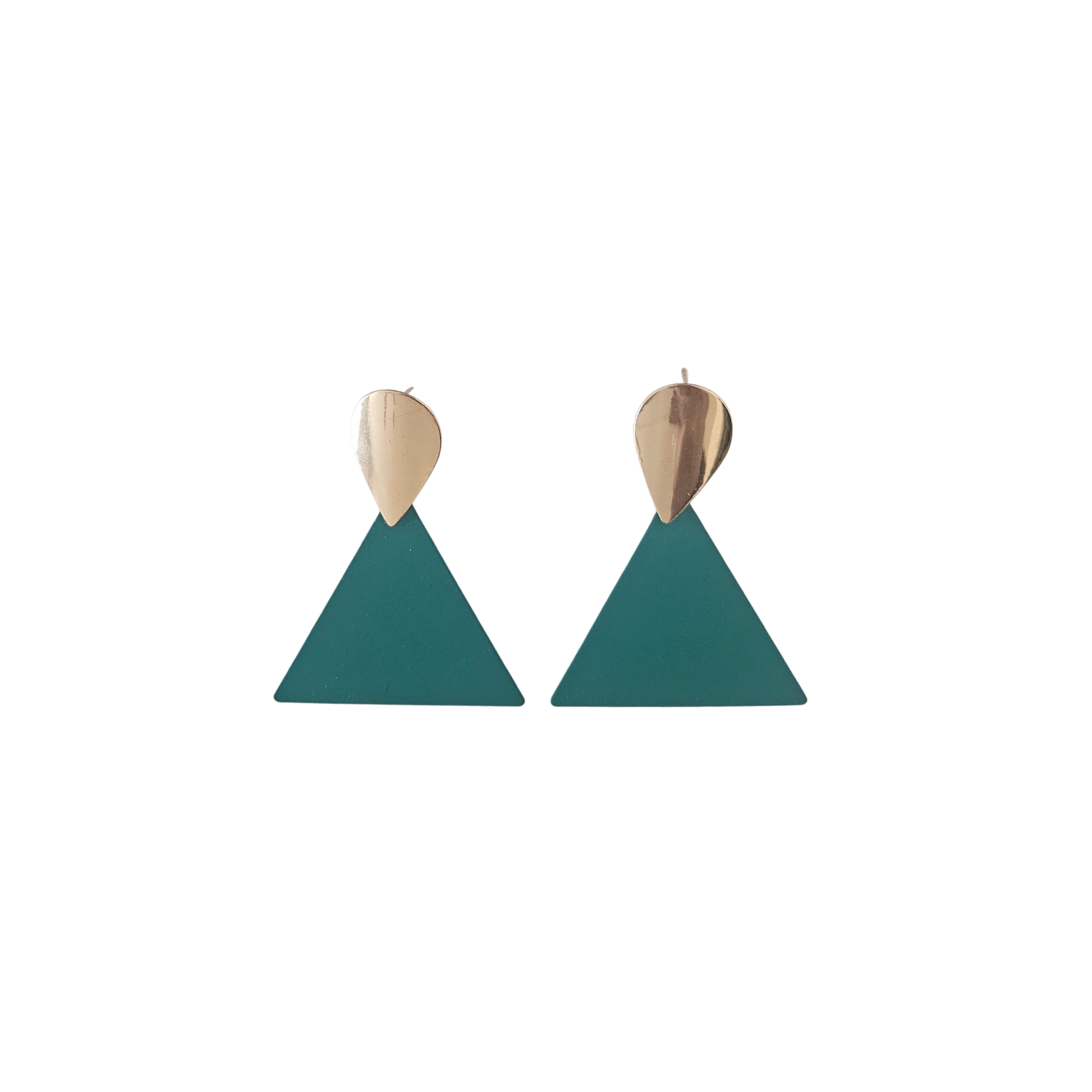 Pair of teal triangle earrings with gold accents on a white background