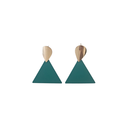 Pair of teal triangle earrings with gold accents on a white background