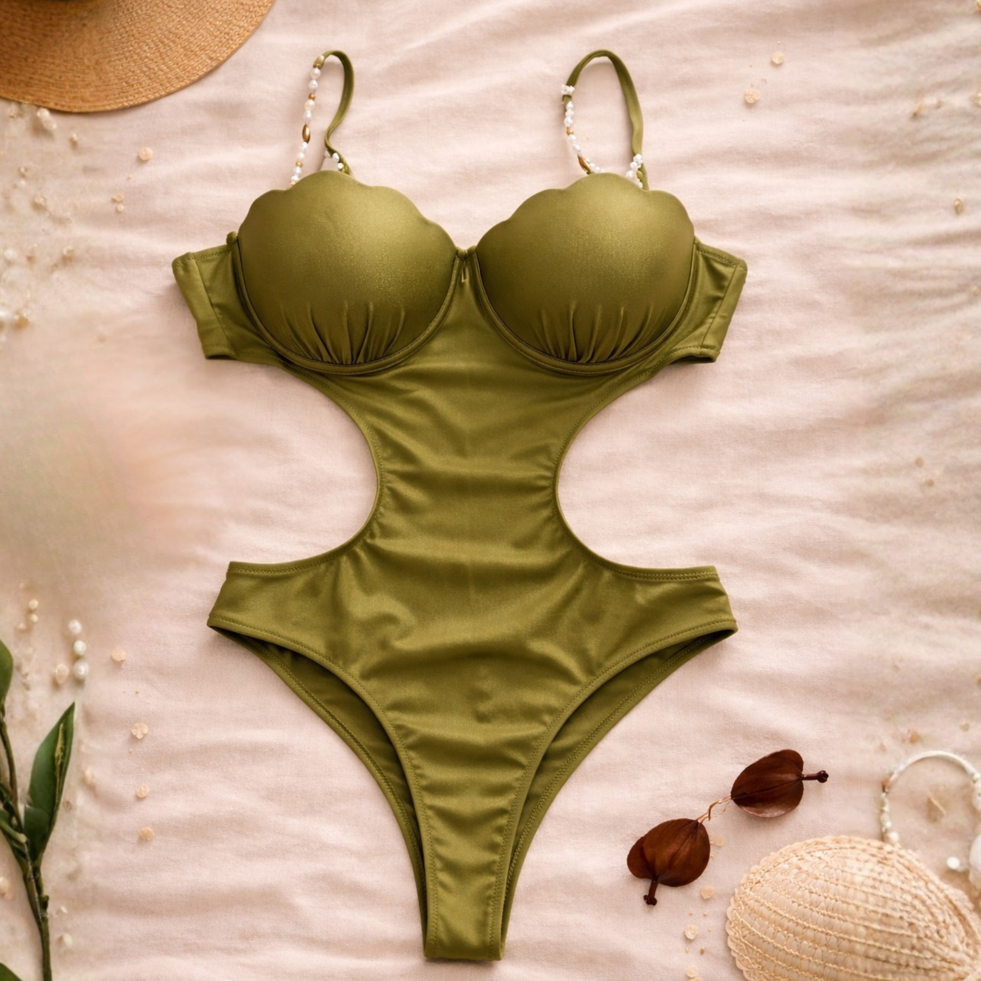 Green satin one-piece swimsuit with pearl straps and cut-out design, flat lay styling