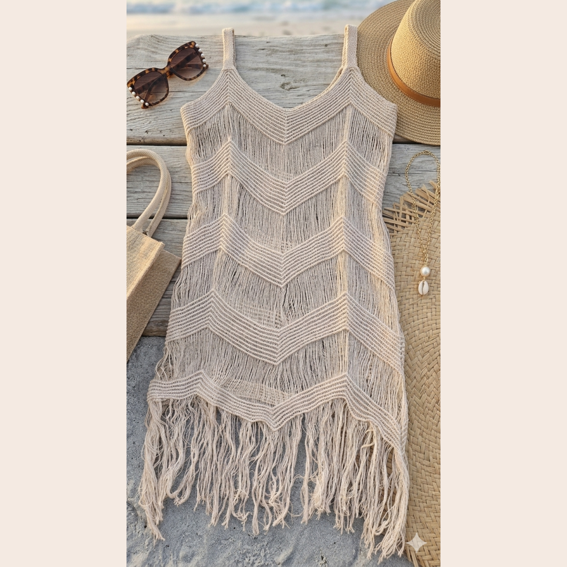 Bohemian beige nude handmade crochet fringe cover-up dress, neutral resort-style knit dress with layered fringe trim.