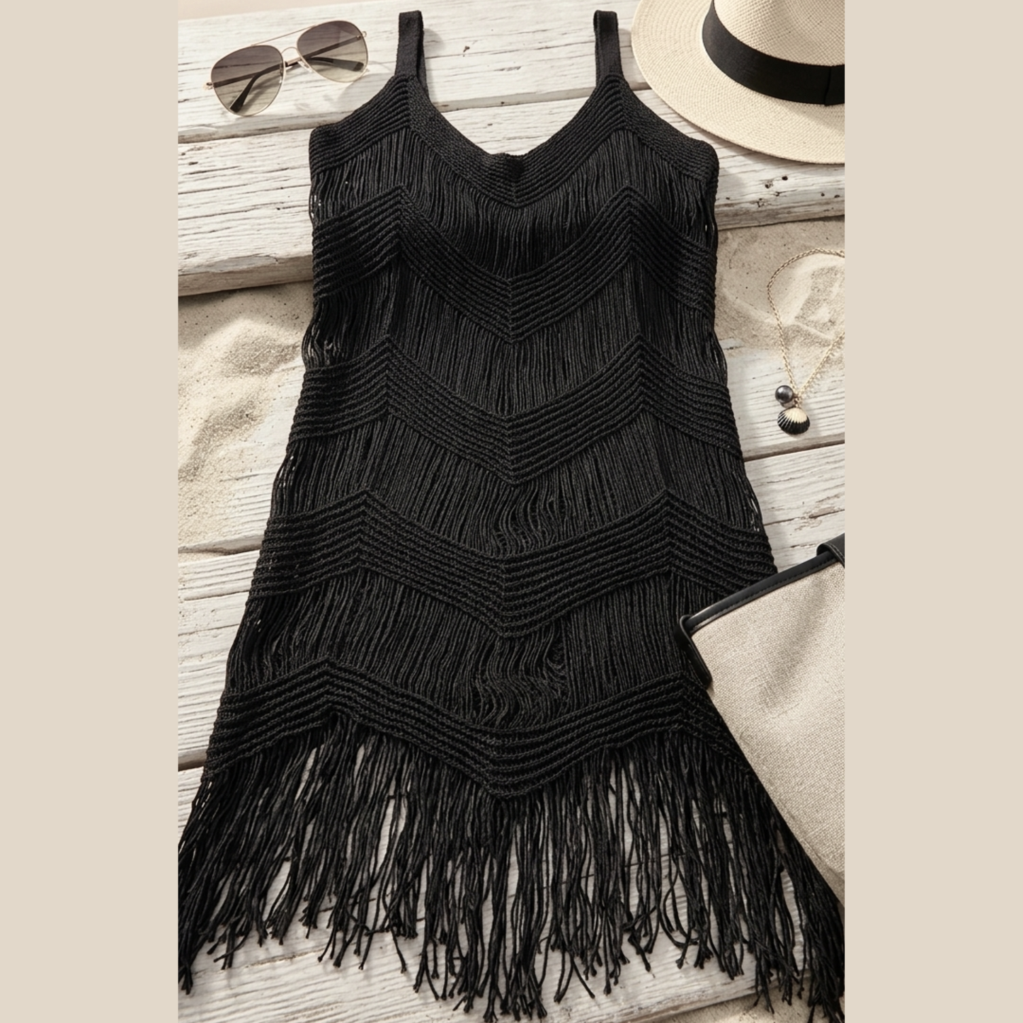 Elegant black handmade crochet fringe cover-up dress, high-end boutique swimwear accessory for a sophisticated beach look.