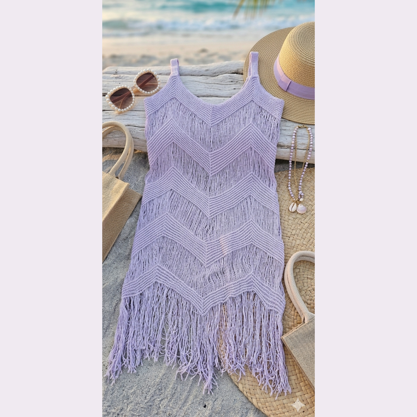 Soft lavender purple handmade crochet fringe cover-up dress, delicate knit summer dress for tropical vacations and beach clubs.