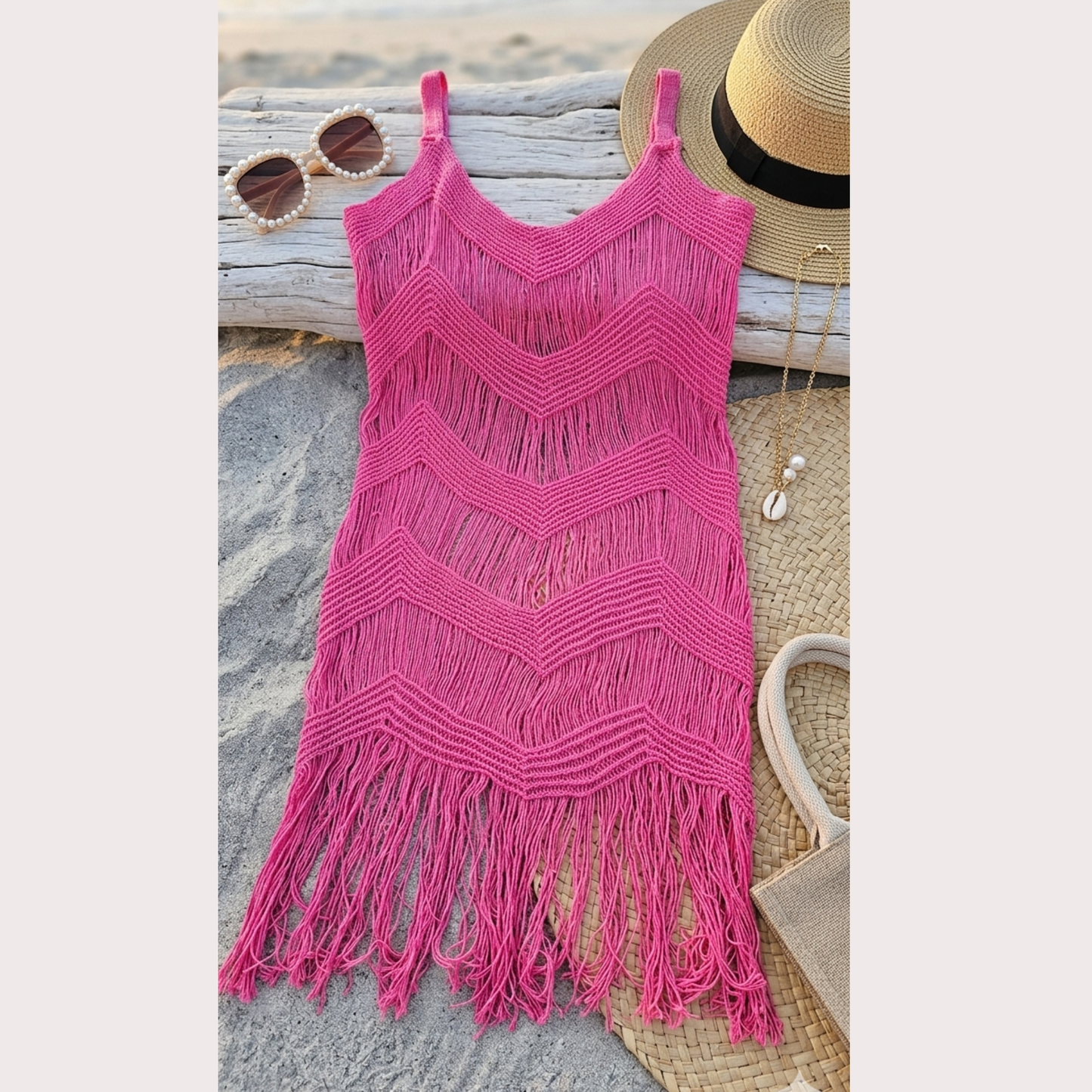 Vibrant hot pink handmade crochet fringe cover-up dress, boho-chic summer beach accessory with artisanal knit detailing.