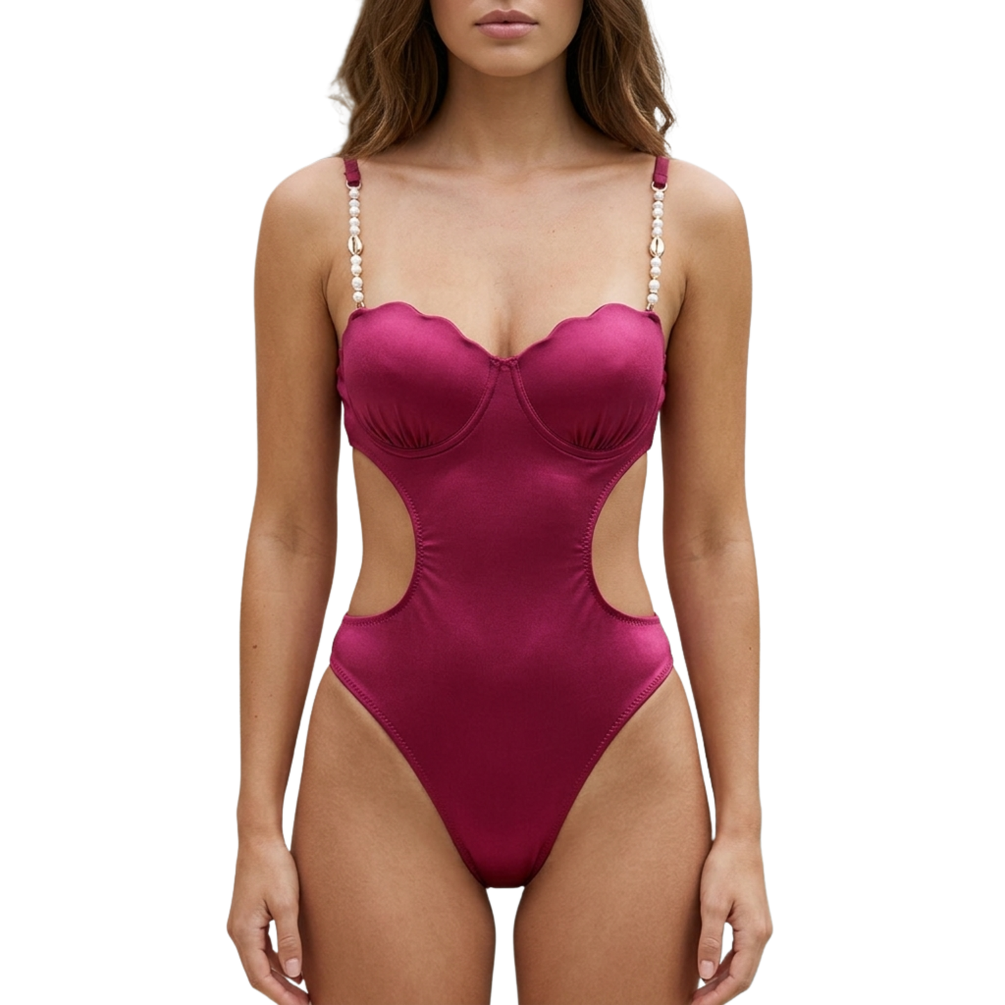 Hot pink satin-look Brazilian one-piece swimsuit with pearl straps, front view on model