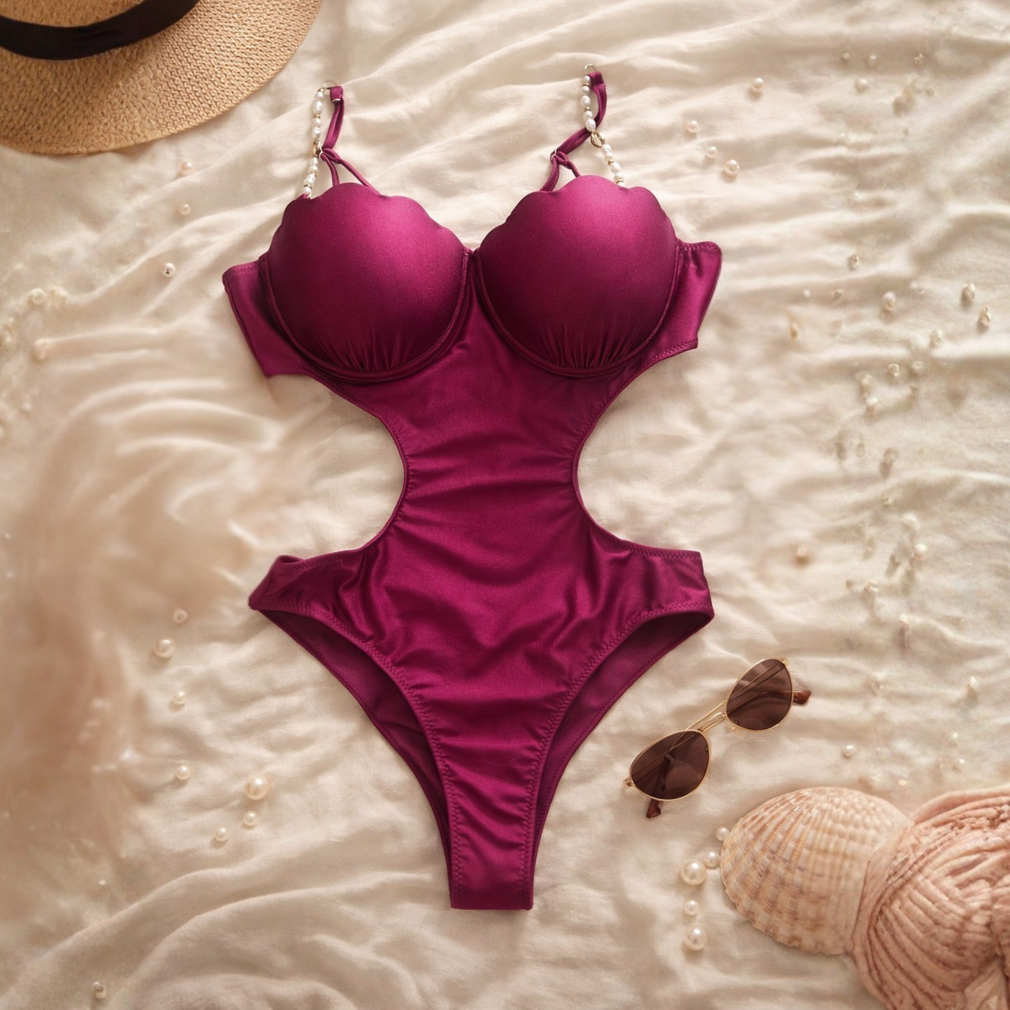 Hot pink satin one-piece swimsuit with pearl straps and cut-out design, flat lay styling.