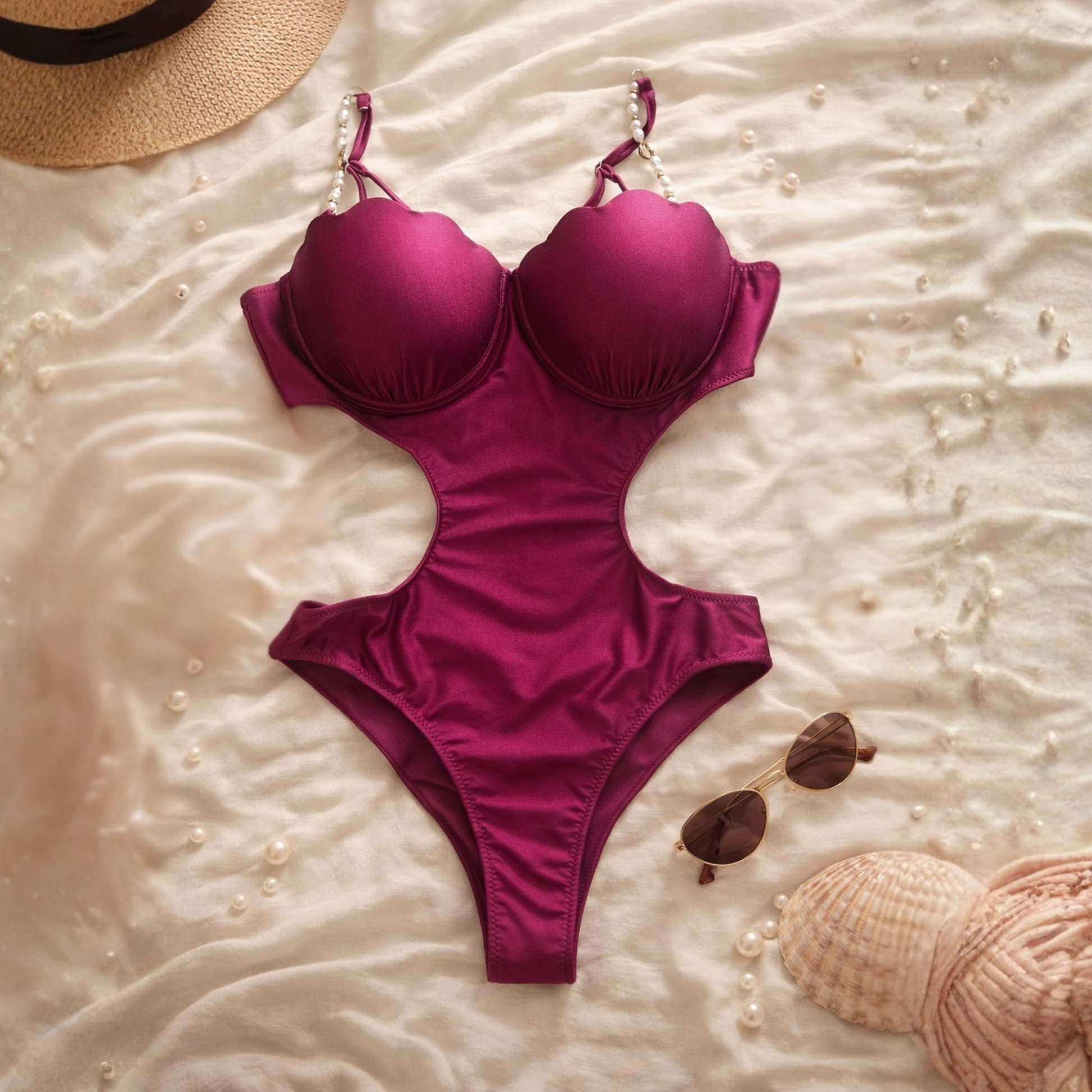 Hot pink satin one-piece swimsuit with pearl straps and cut-out design, flat lay styling.