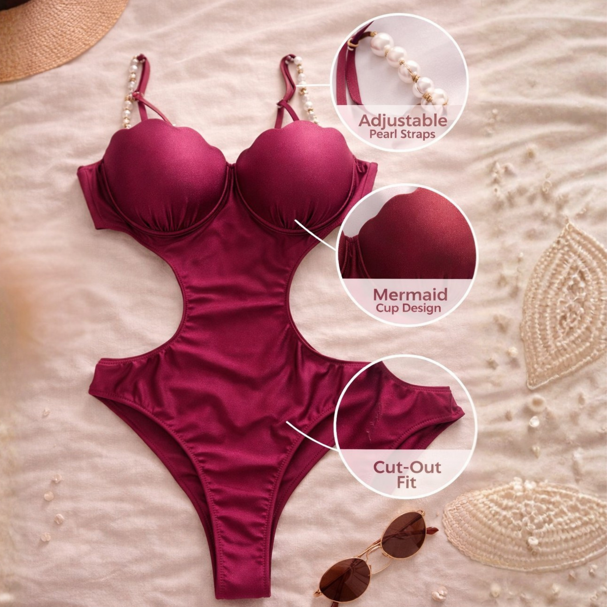 Hot pink one-piece swimsuit details with pearl straps, mermaid cup and cut-out fit