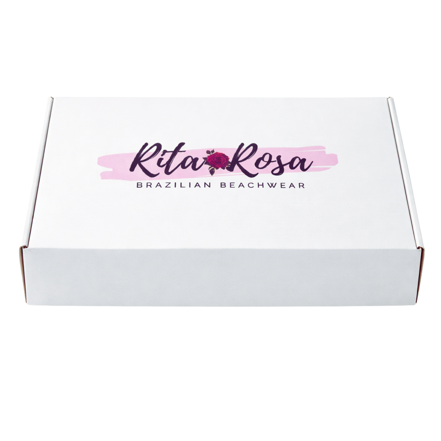 Medium Rita Rosa branded shipping box 8x12x2 for premium beachwear and bridal gift wrapping upgrade.