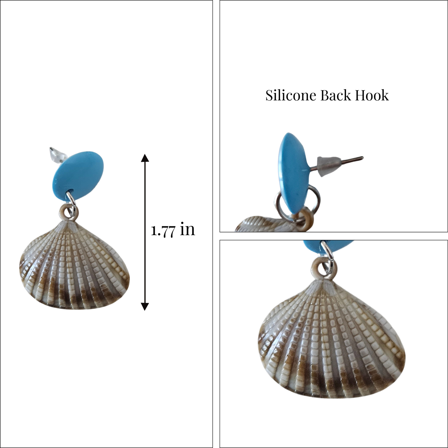 Shell earrings with blue silicone back hook and measurement details on a white background