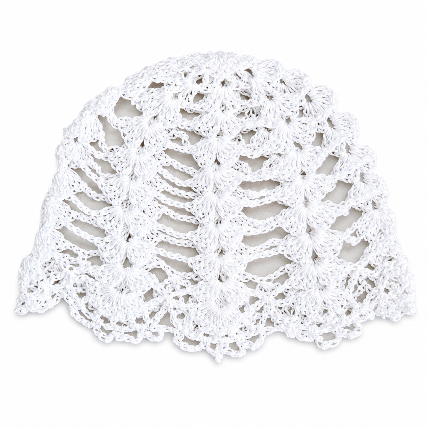 Handmade white bloom petal crochet cap by Rita Rosa Brazilian Beachwear featuring floral lace crochet design and lightweight boho festival styling.
