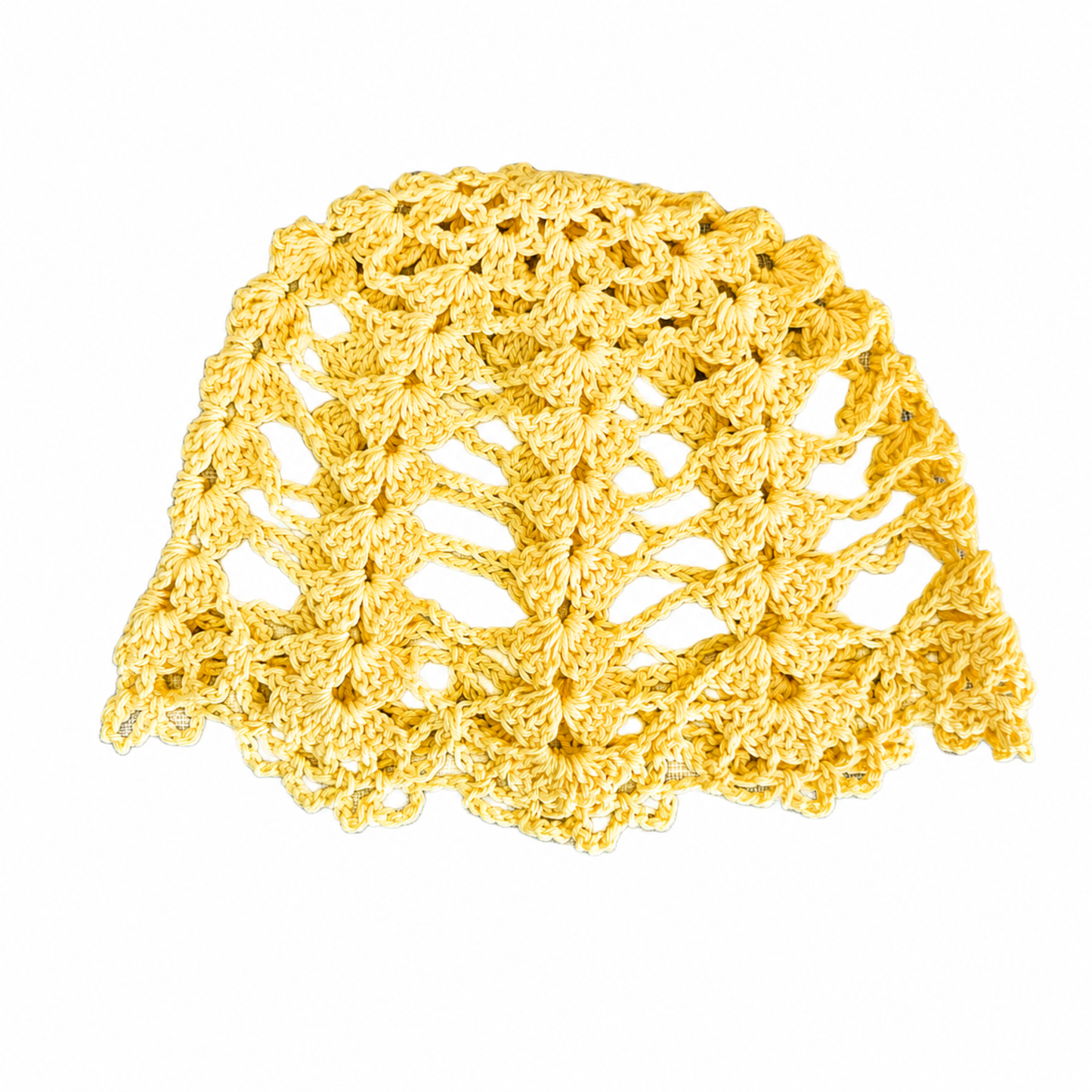 Handmade yellow bloom petal crochet cap with floral crochet pattern by Rita Rosa Brazilian Beachwear perfect for summer beach and festival outfits.