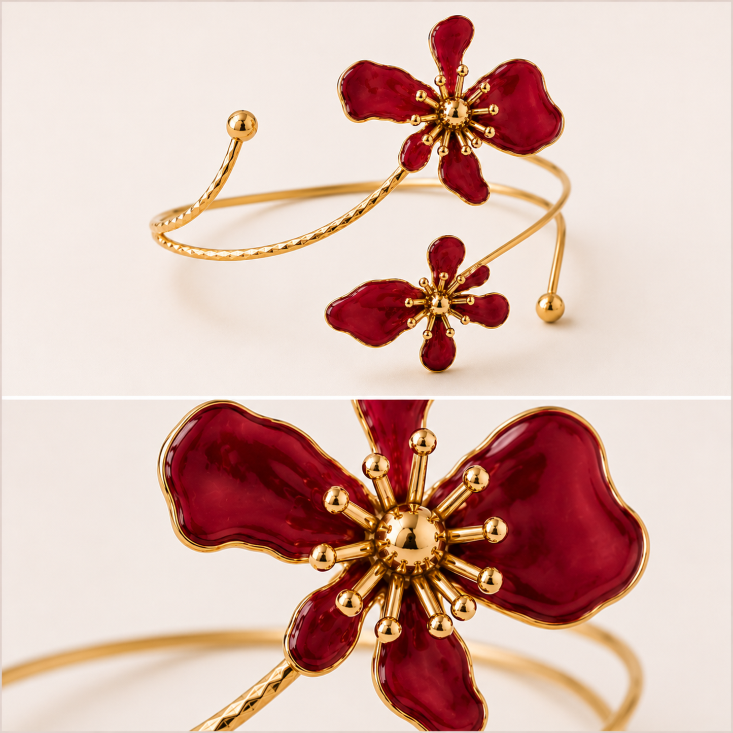 Close-up detail of ruby red floral gold cuff with adjustable open arm cuff design.