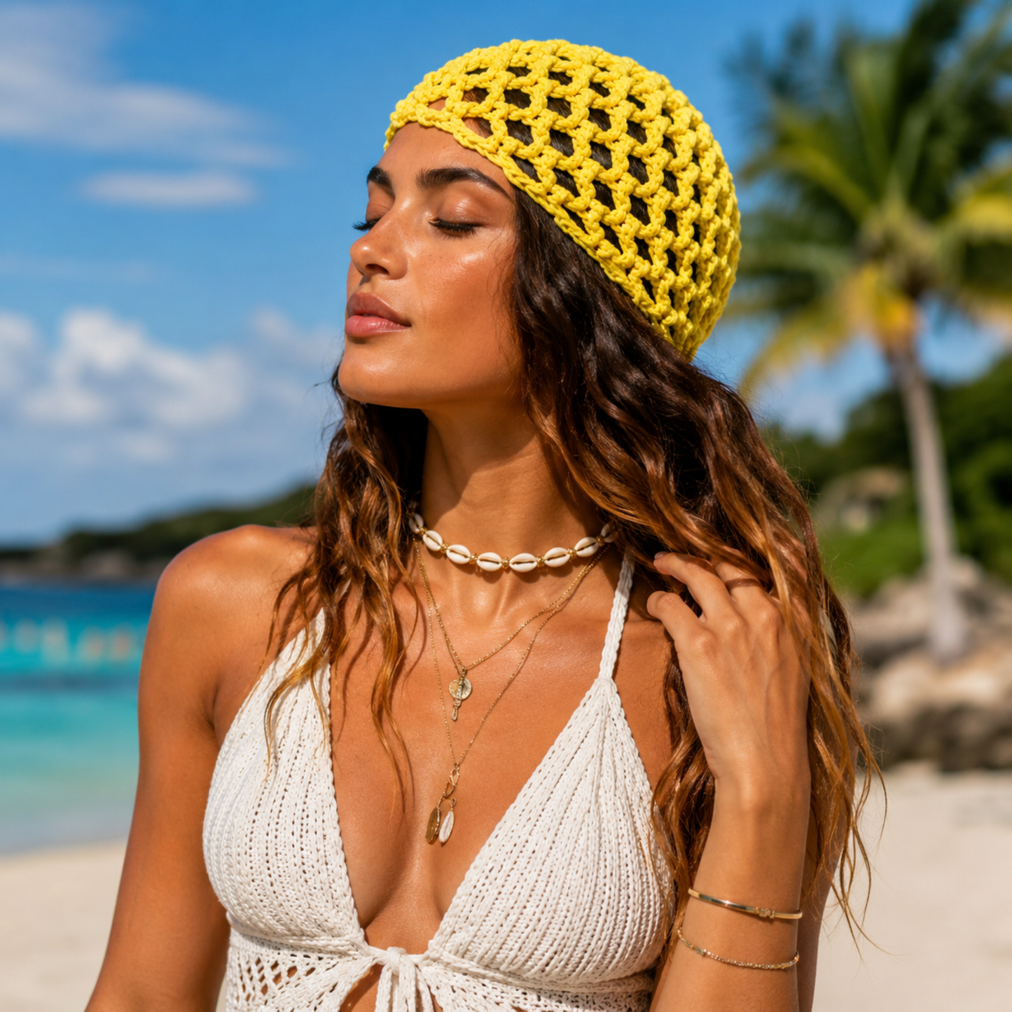 Model wearing Sunshine Yellow crochet cap styled for beach vacations and summer festivals