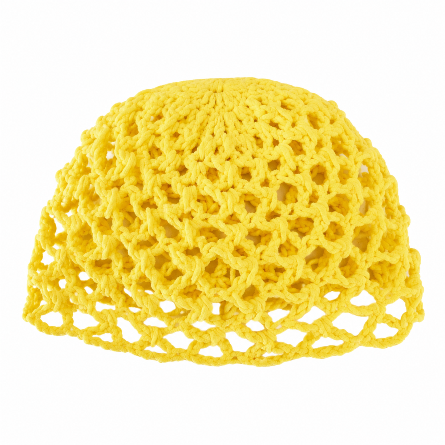 Sunshine Yellow handmade crochet cap with lightweight open-weave design for beach and festival wear