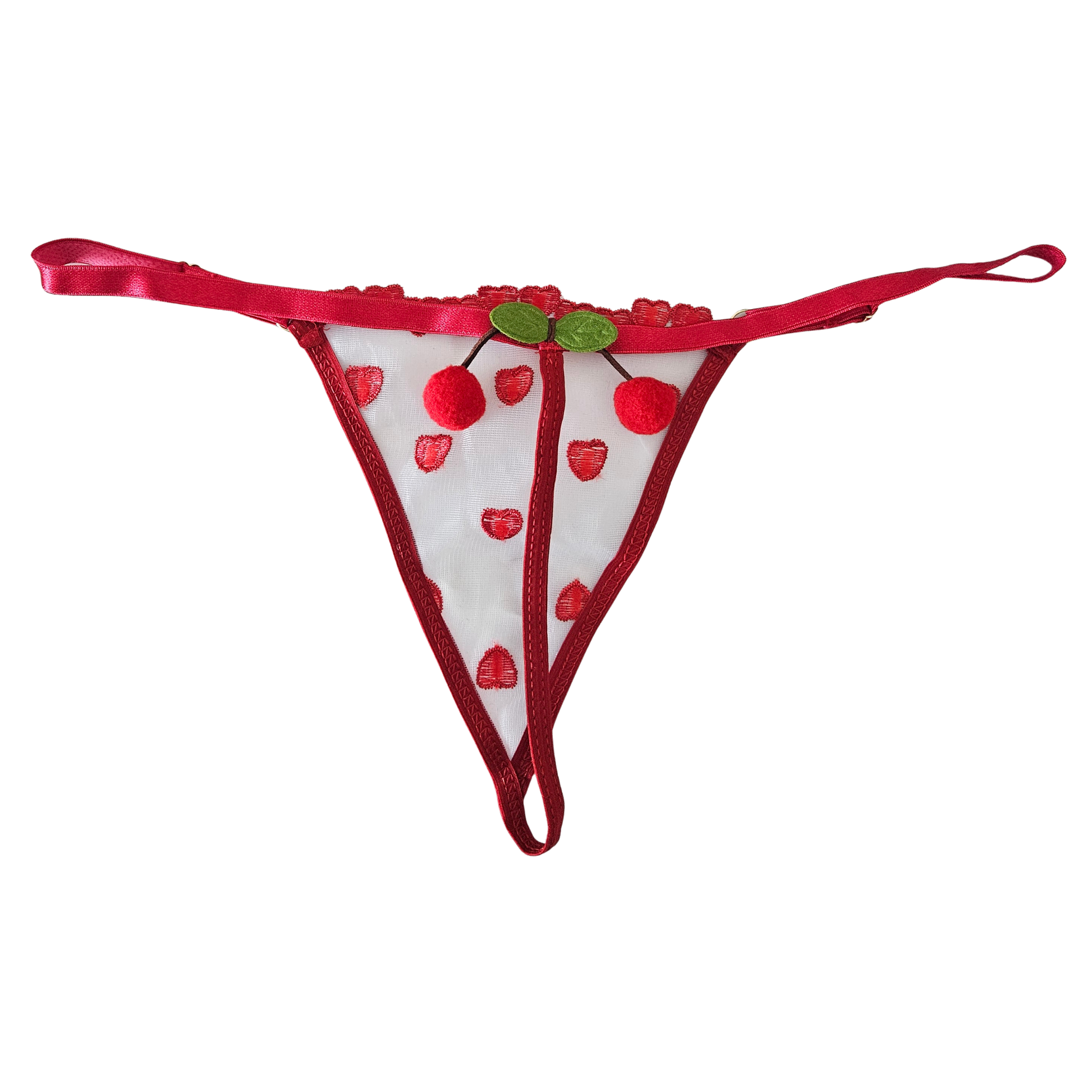 Back of white mesh thong with red heart embroidery and red adjustable straps.