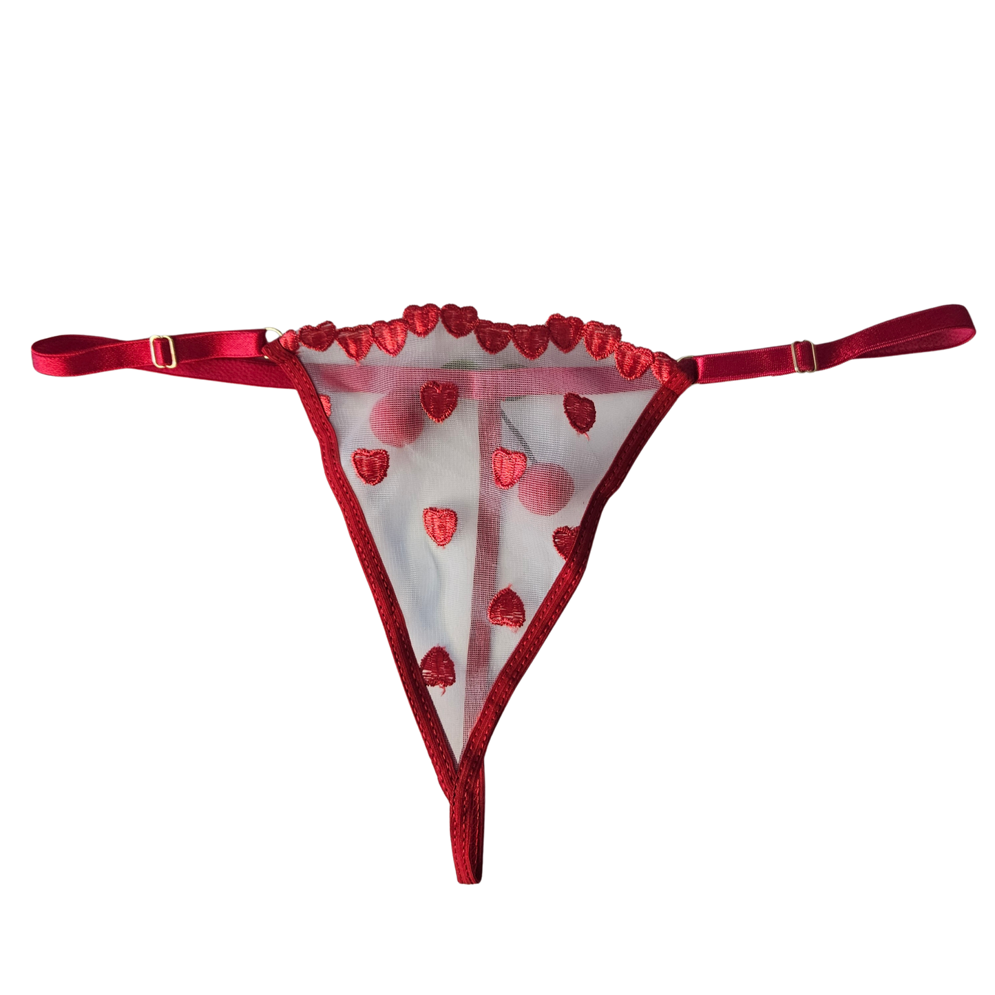 White mesh thong with red heart embroidery and red adjustable straps.