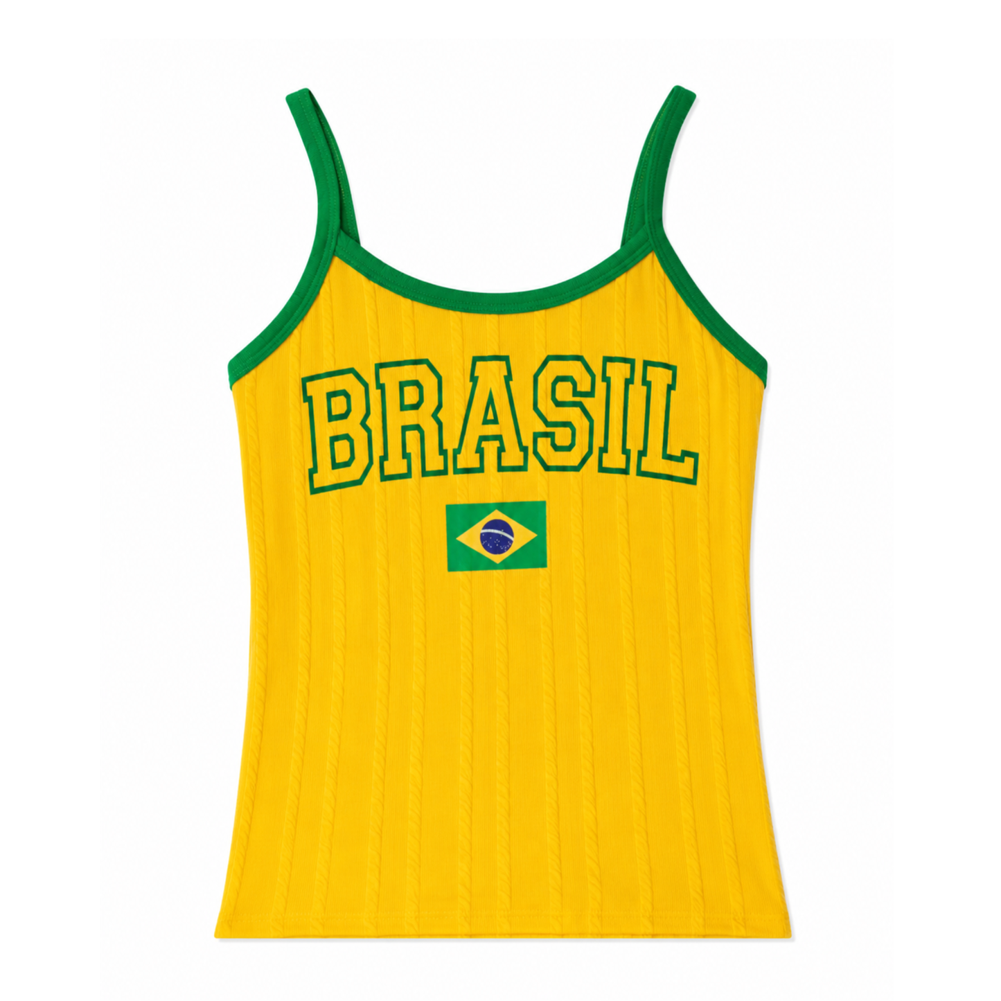 Yellow textured Brasil ribbed tank top with padded cups and Brazil flag graphic by Rita Rosa Brazilian Beachwear