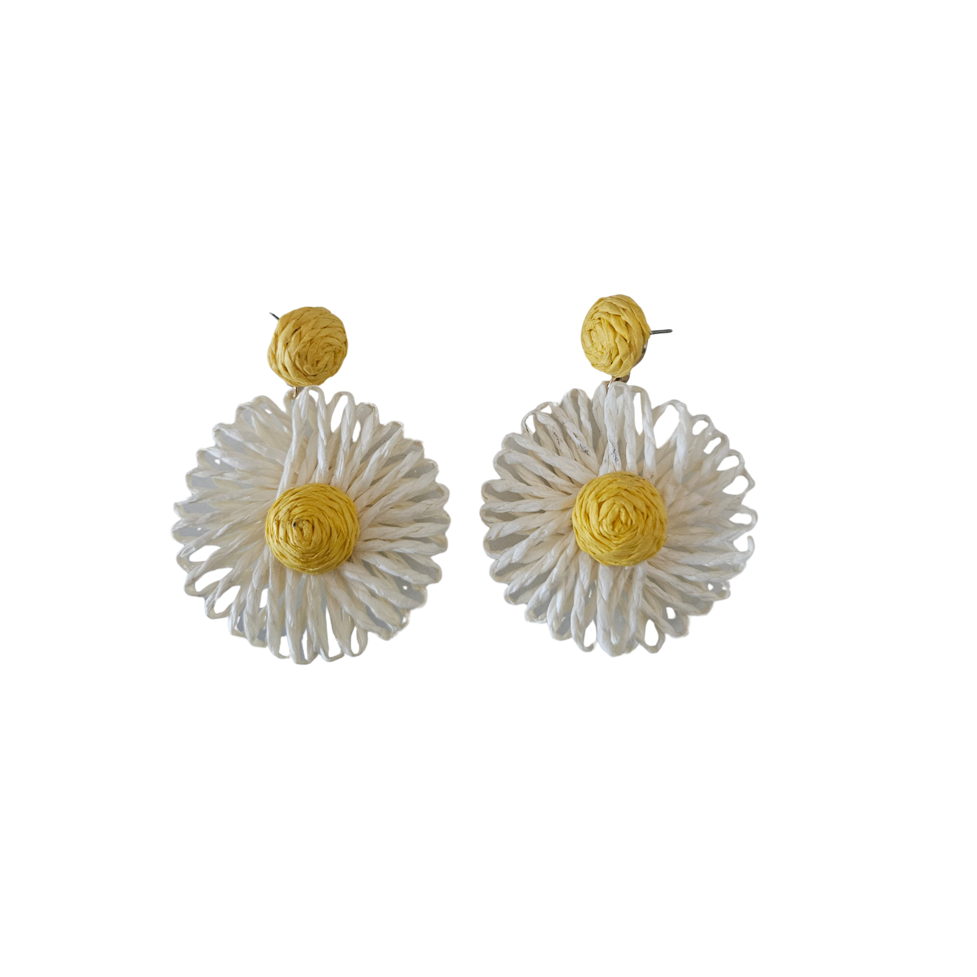 Pair of earrings with white floral designs and yellow centers on a white background