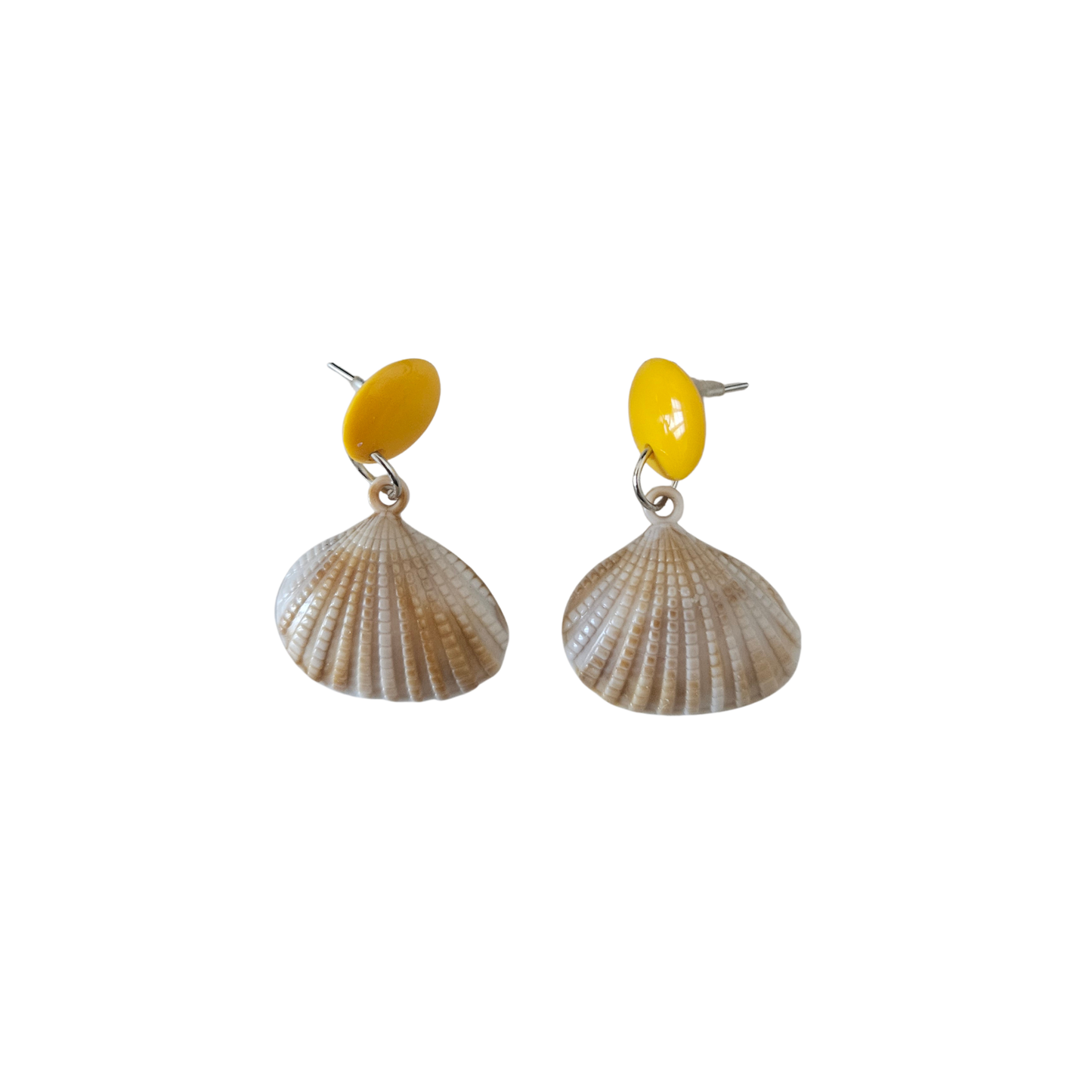 Shell-shaped earrings with yellow accents on a white background