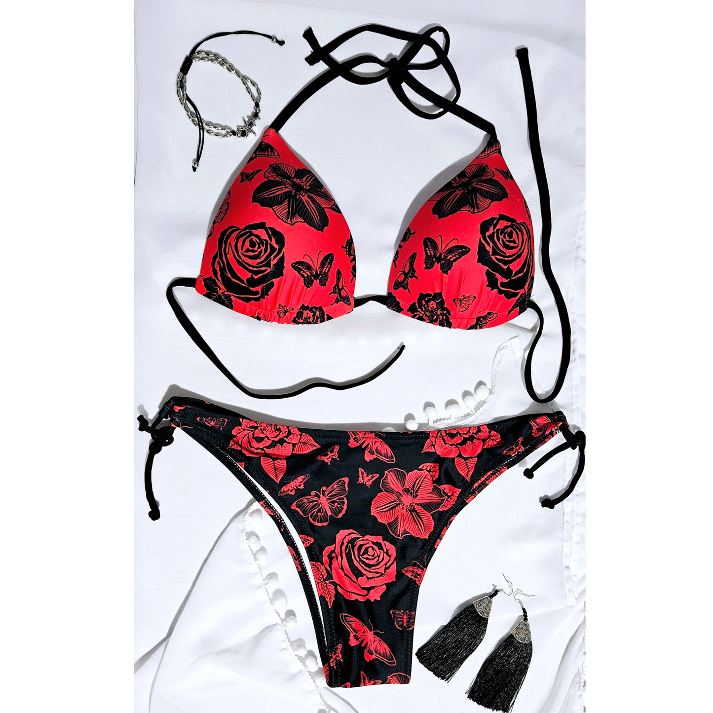 Red Molded Cup Bikini with Red Rose Print and Delicate Floral and Butterfly design, Two-piece Swimwear Set with Adjustable Tie Straps and Thong Style Bottom