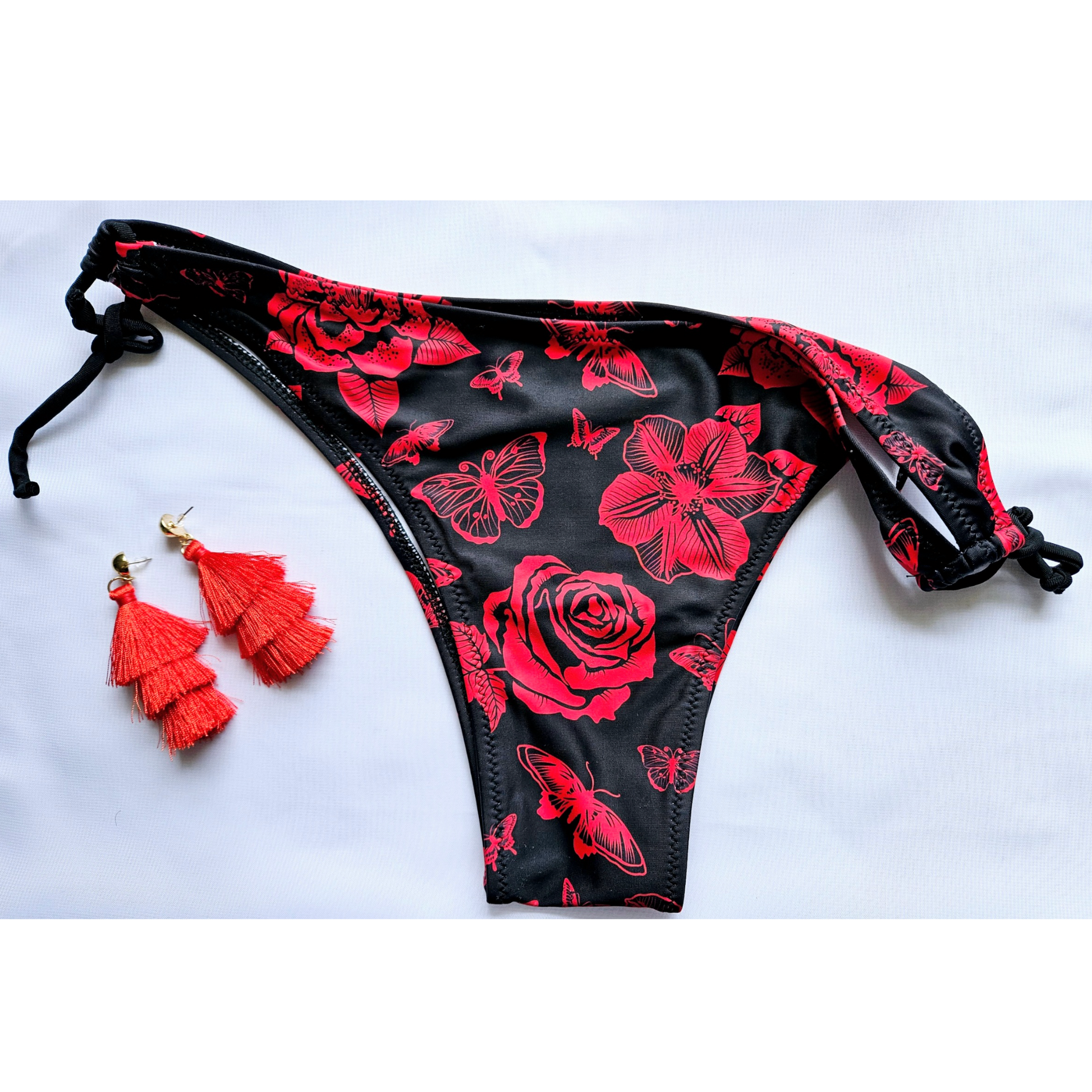 Red Molded Cup Bikini with Red Rose Print and Delicate Floral and Butterfly design, Two-piece Swimwear Set with Adjustable Tie Straps and Thong Style Bottom