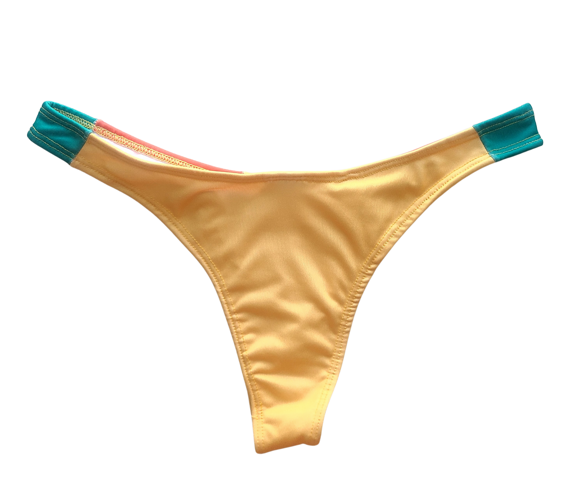 A three-toned bikini set featuring tie straps on the top and a thong-style bottom